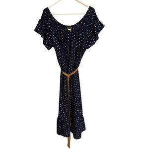 Navy Blue White Polka Dot Off Shoulder Smocked Midi Dress Yellow Belt 2X